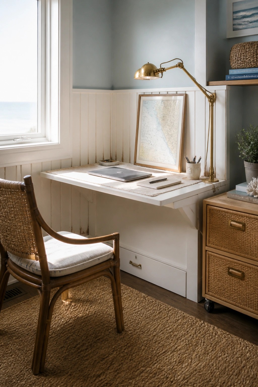 A compact white built-in desk with a single drawer below, positioned under a window beside a woven chair and brass desk lamp.