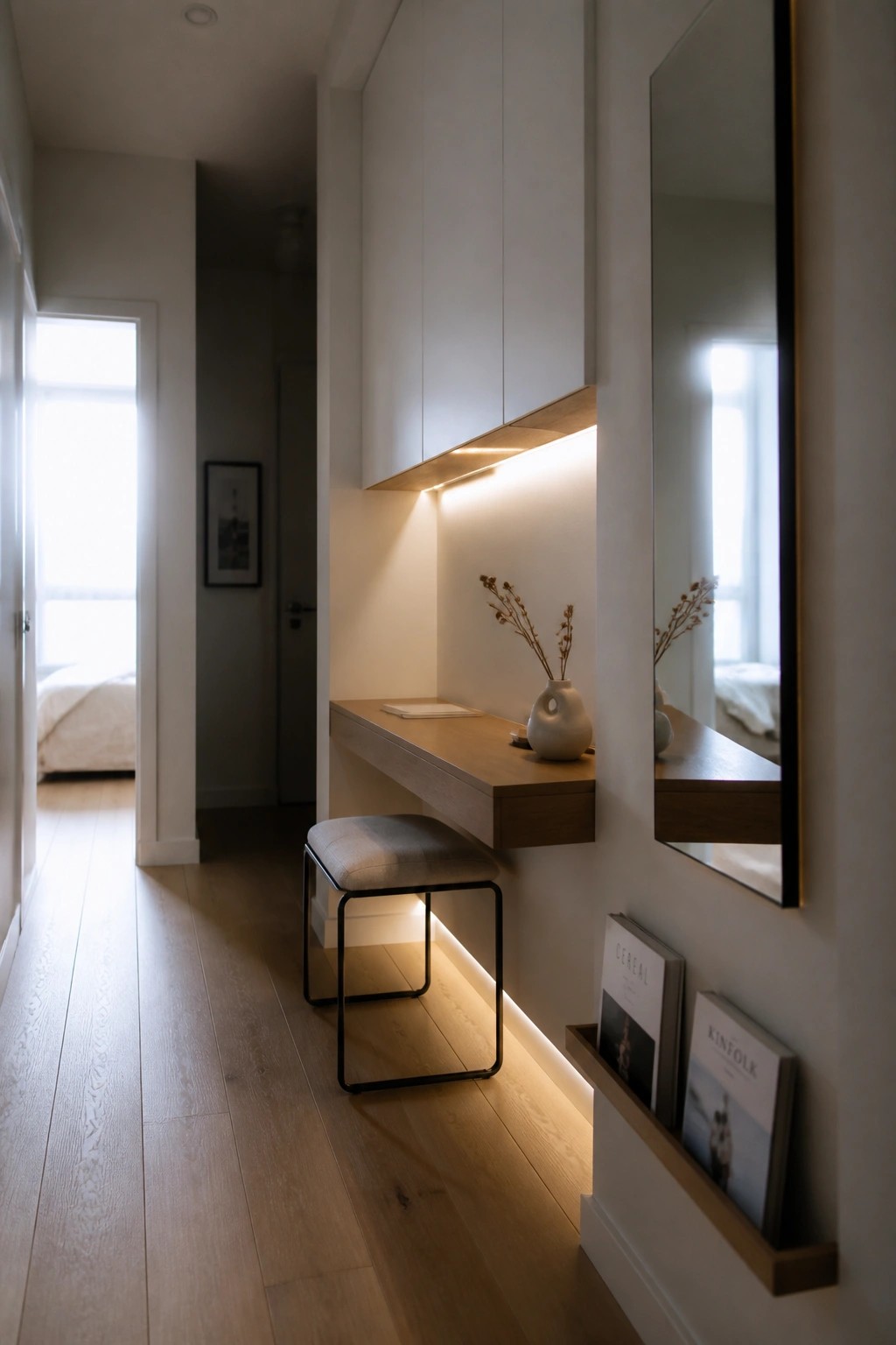 Minimalist hallway with floating wooden desk, stool, mirror, and warm underlighting.