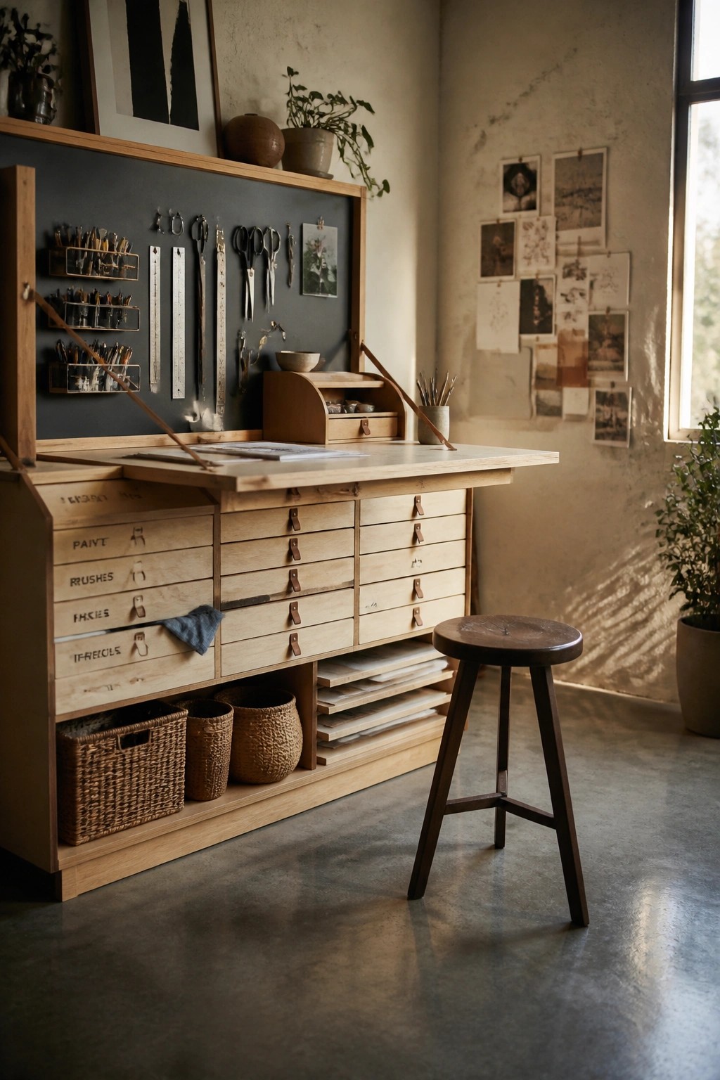 A light wood desk with many shallow labeled drawers and a dark back panel holds art supplies in a home workspace.