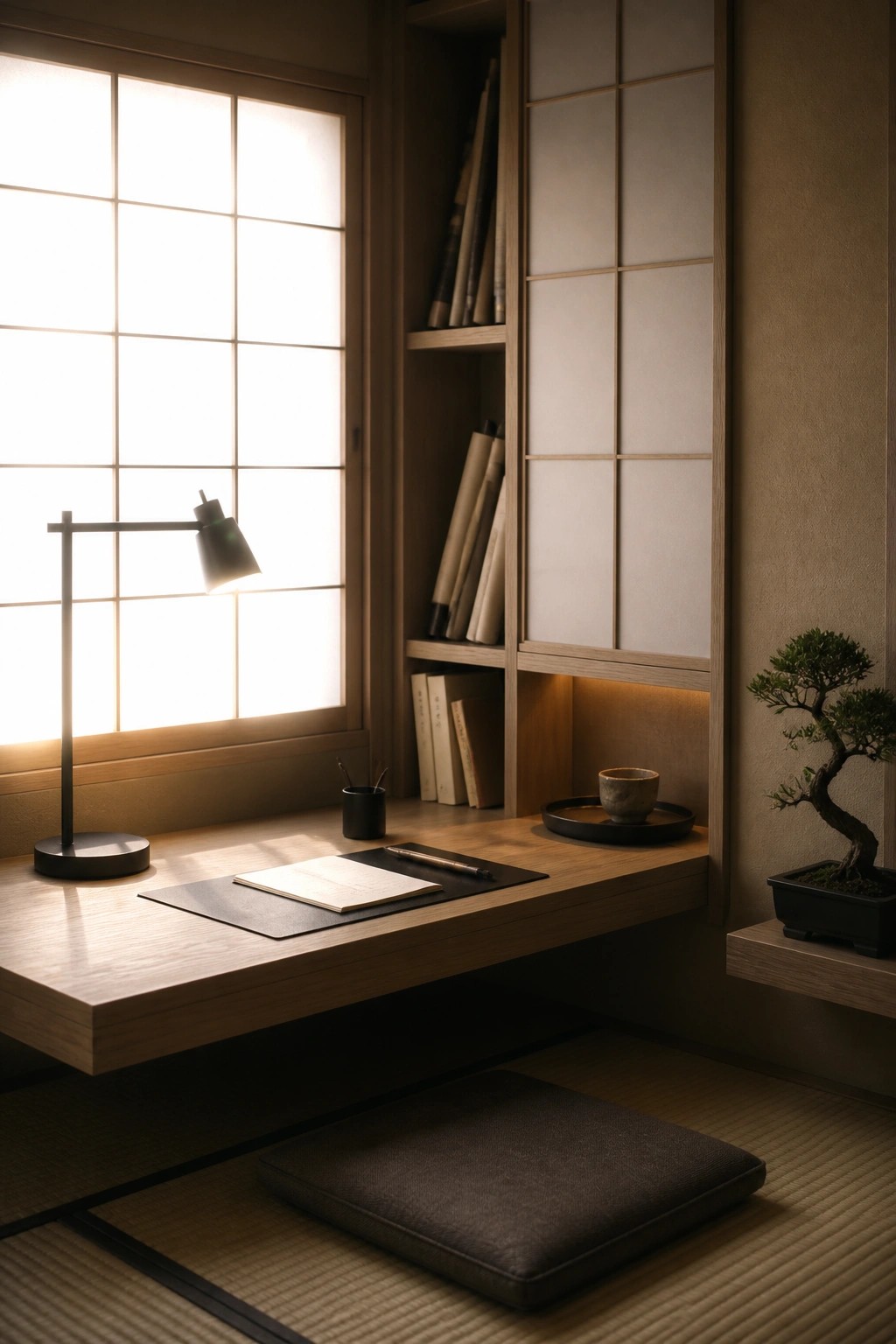 A low wooden desk with a black cushion on tatami flooring sits beneath a window with shoji screens, next to a tall built-in wooden cabinet with closed doors and open shelves holding books.