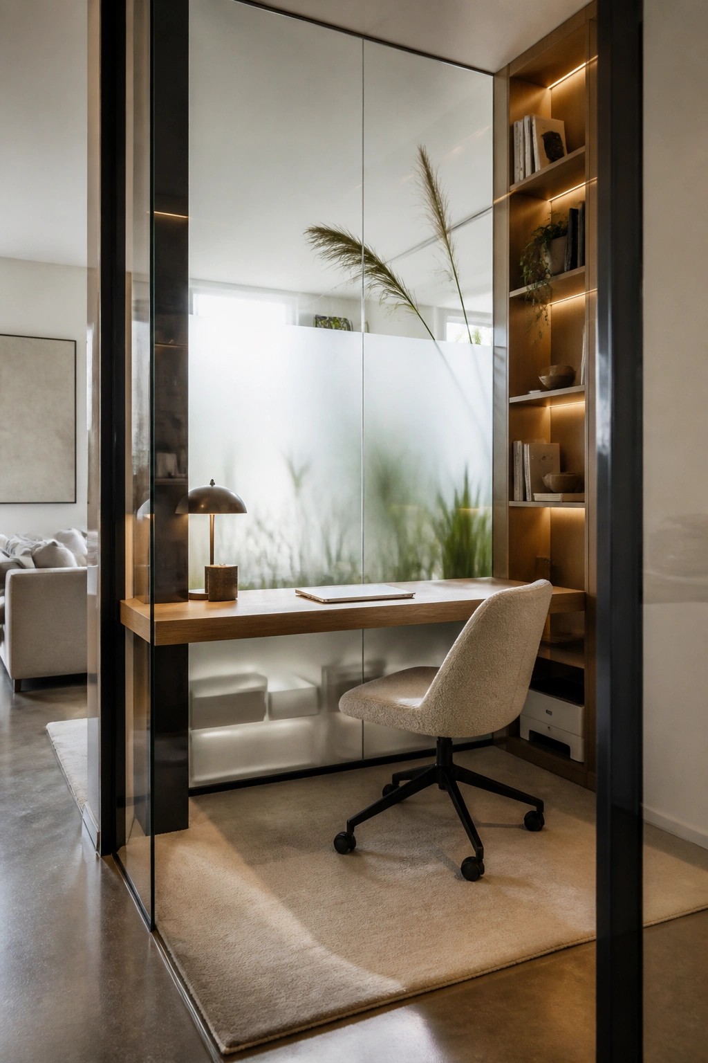Modern home office with wooden desk, beige chair, and lit built-in shelves behind glass.
