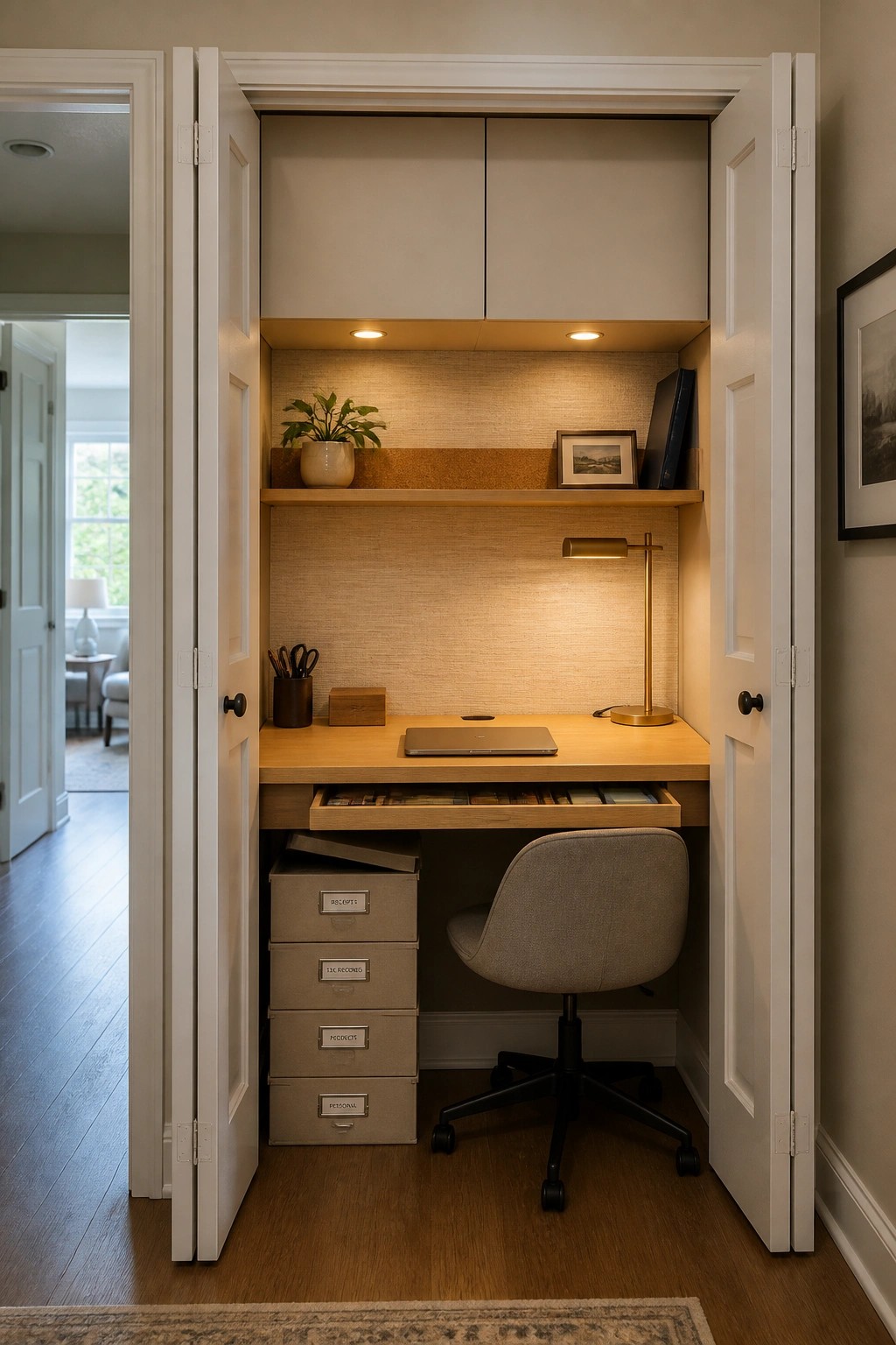 A built-in desk inside an open closet with white doors, showing a laptop, desk lamp, upper shelves, and labeled storage drawers below the desk.