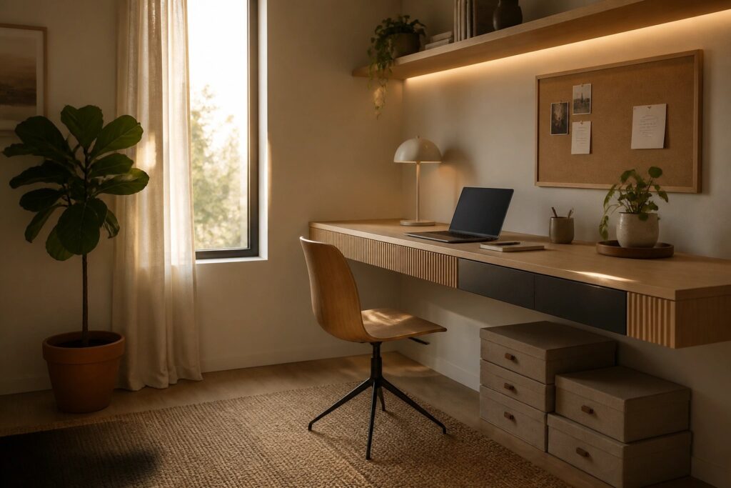 19 Modern Small Office Ideas Using Clean Lines and Hidden Storage A light wood floating desk with dark integrated drawers is mounted on a beige wall beneath a shelf, with a wooden chair on a woven rug in front and a laptop on the desk surface.