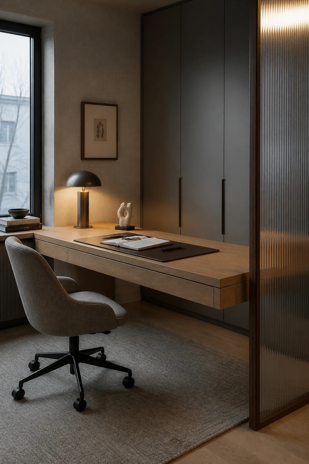 A modern home office features a light wood floating desk with drawers, a gray upholstered office chair, a desk lamp, and tall dark cabinets on the right wall.