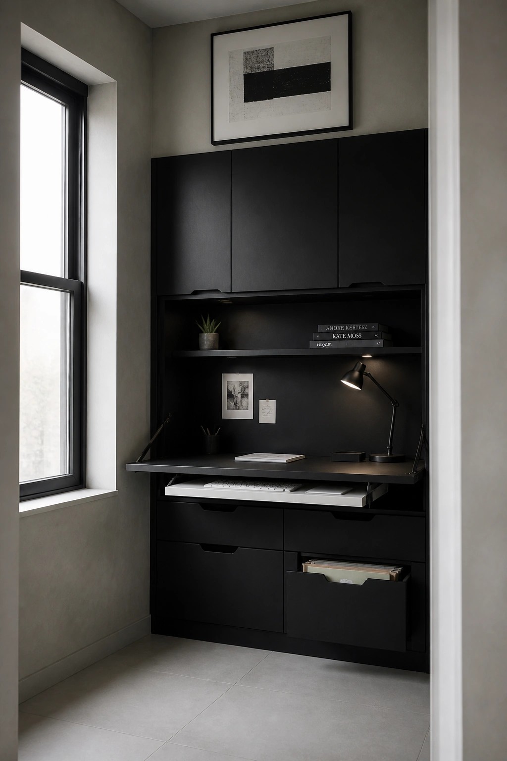 A black built-in office unit with a fold-down desk surface, open keyboard tray, and multiple drawers in a room with gray walls and a window.
