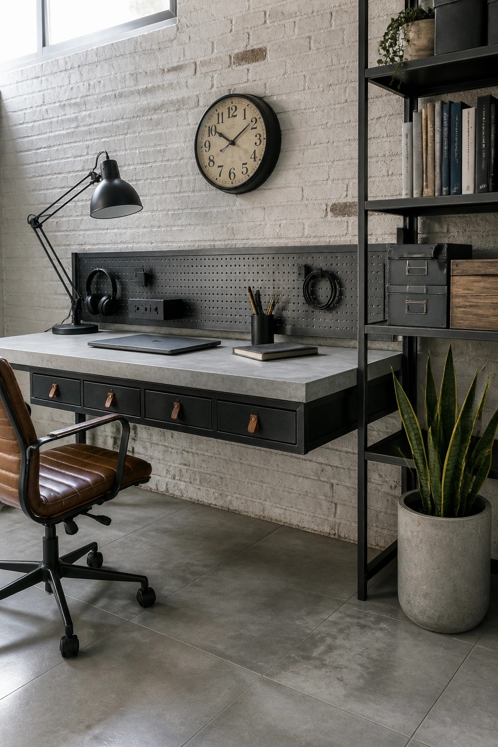 A modern home office featuring a floating concrete desk with black drawers, a long black pegboard on a white brick wall, a laptop, desk lamp, and brown leather office chair.