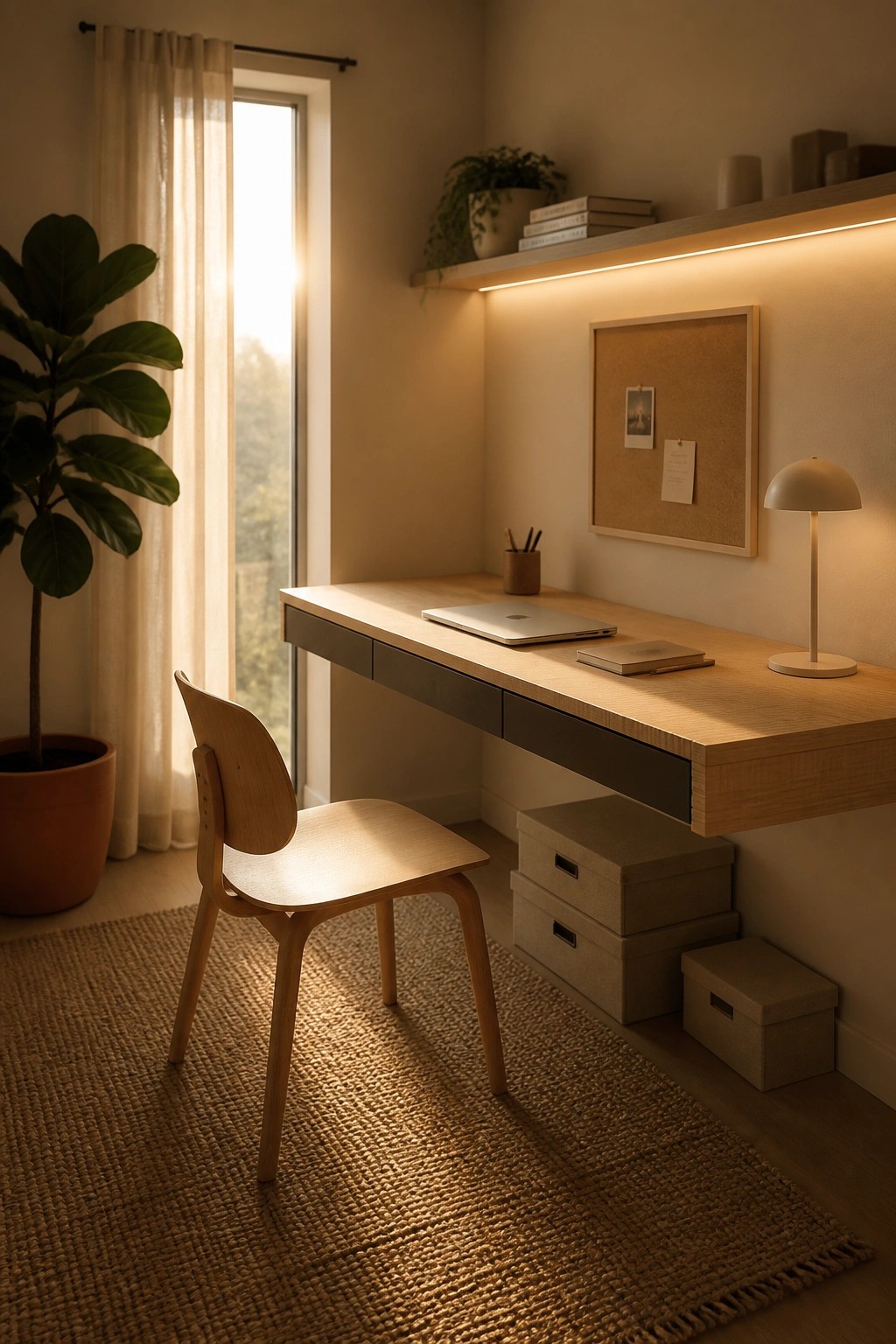 A light wood floating desk with dark integrated drawers is mounted on a beige wall beneath a shelf, with a wooden chair on a woven rug in front and a laptop on the desk surface.