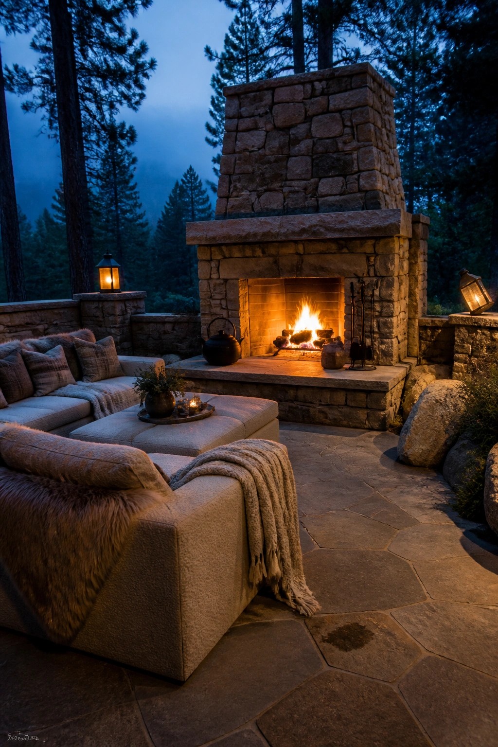 A large stone outdoor fireplace with a burning fire, surrounded by cushioned lounge seating and lanterns on a flagstone patio at dusk.