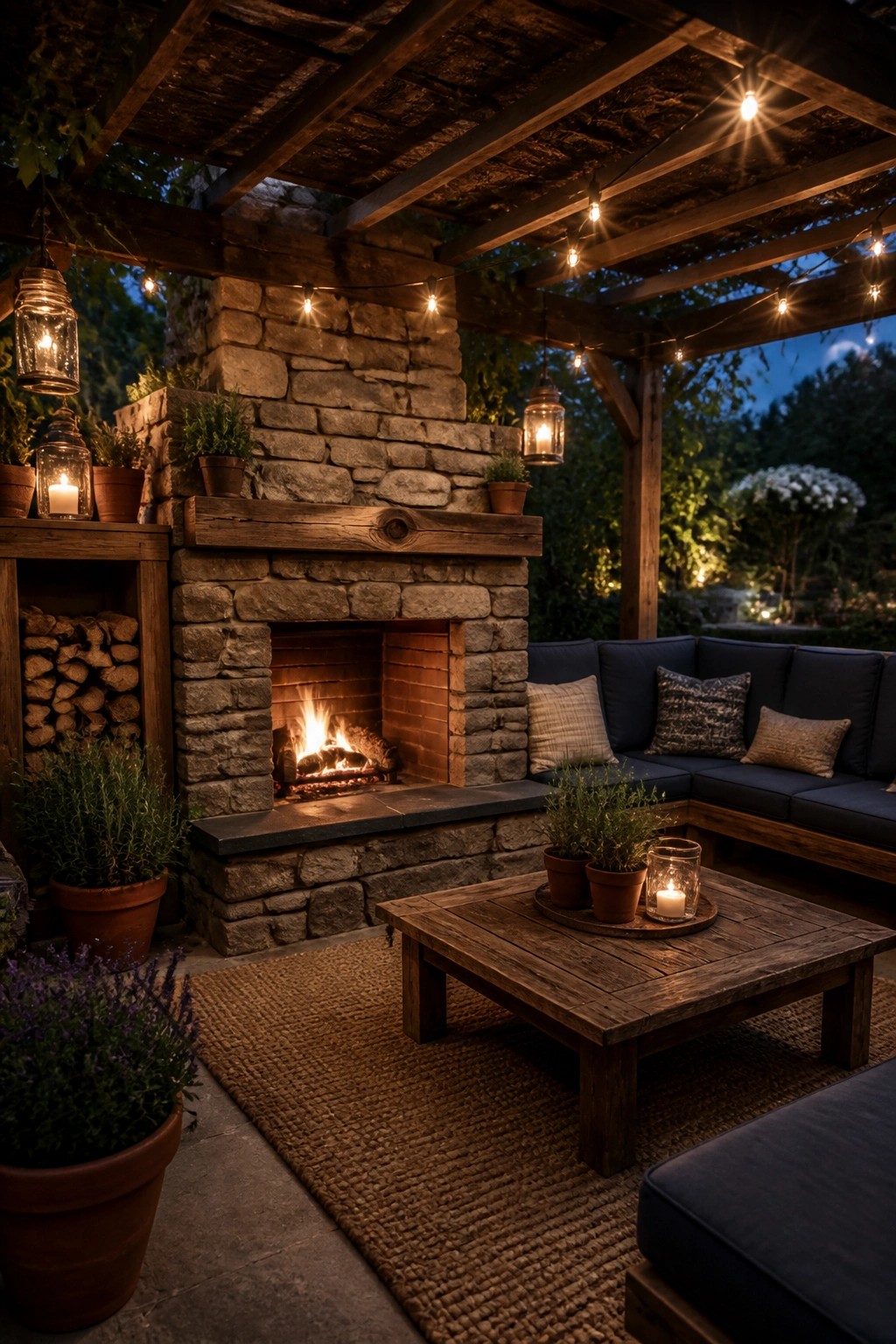 A stone fireplace with a lit fire under a wooden pergola on a patio with blue outdoor sofa, wooden coffee table, string lights, and potted plants.