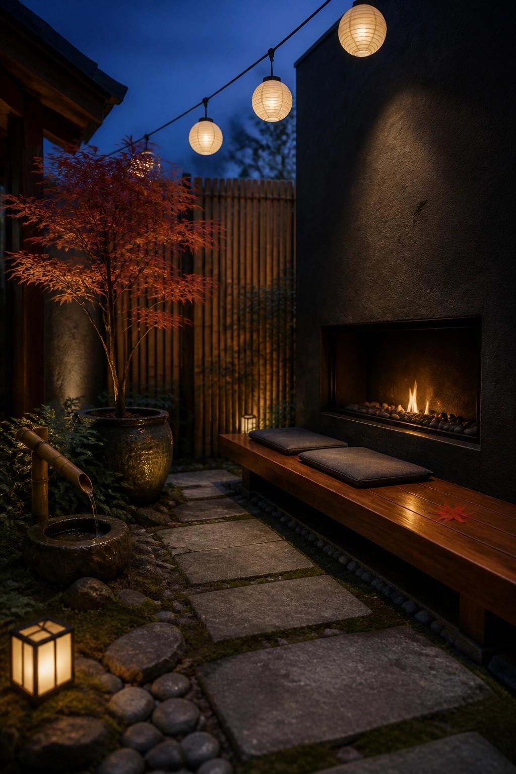 A wooden bench with cushions sits in front of a built-in outdoor fireplace on a stone path, with paper lanterns strung overhead and a potted red maple tree to the side.