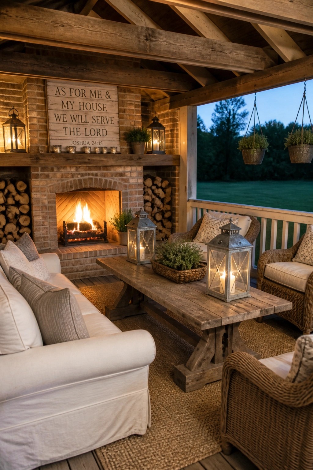 A covered wooden porch with a brick fireplace, rustic dining table, wicker seating, and several lit lanterns at dusk.