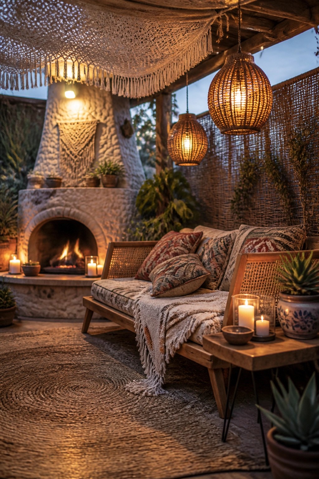 A stone outdoor fireplace with a wooden lounge bench, pillows, throws, hanging woven lanterns, and candles arranged on a patio at dusk.