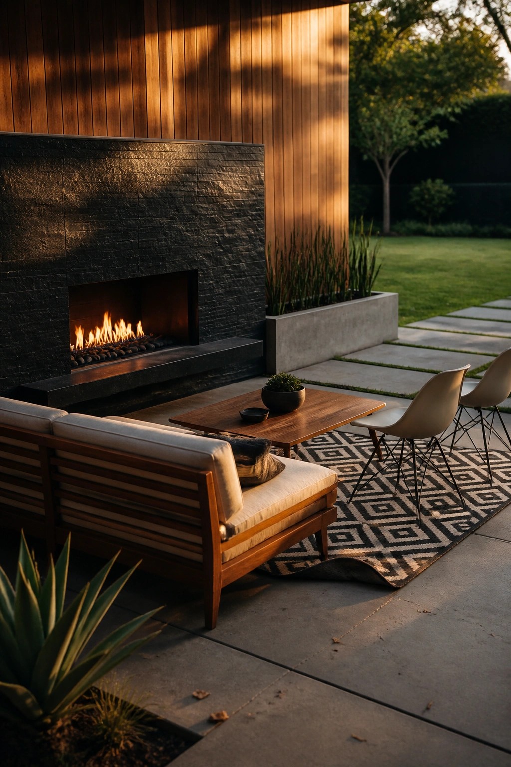 An outdoor patio with a dark stone fireplace, wooden sofa with cushions, wooden coffee table on a patterned rug, and several modern chairs.