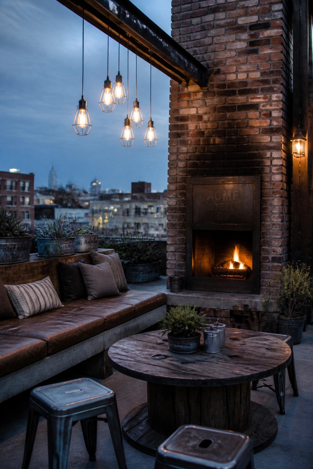 An outdoor brick fireplace with a metal insert is positioned next to a brown leather couch, wooden spool table, and hanging lights on a patio.