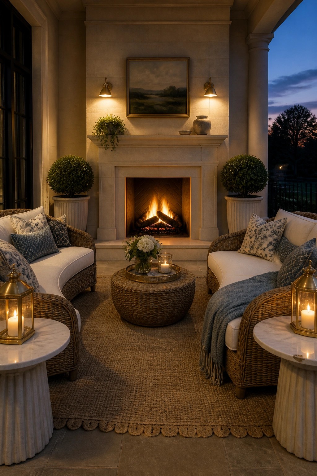 A covered patio at dusk shows two curved wicker sofas facing each other in front of a lit stone fireplace, with a round woven coffee table and lanterns between them.