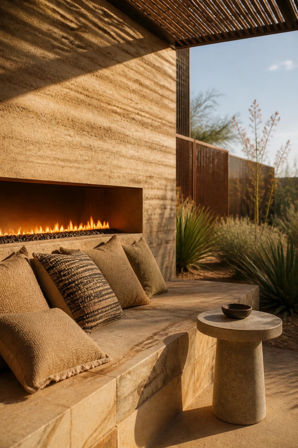 A built-in stone bench with several pillows runs along a modern outdoor fireplace on a patio, with a small round concrete side table nearby.