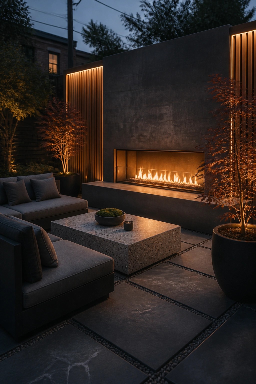 A modern outdoor patio at dusk with a linear gas fireplace recessed into a dark concrete wall, gray sectional seating, a speckled stone coffee table, and large potted trees on a stone paver surface.