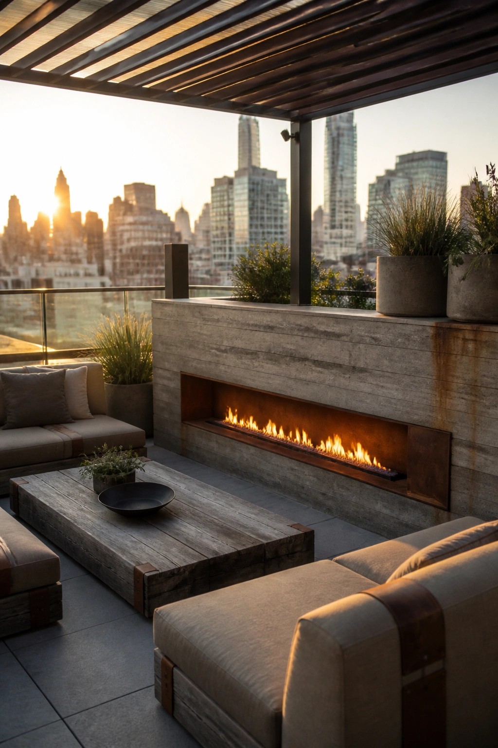 A rooftop patio with a long built-in linear fireplace set into a concrete wall, surrounded by outdoor seating and a wooden coffee table at sunset.