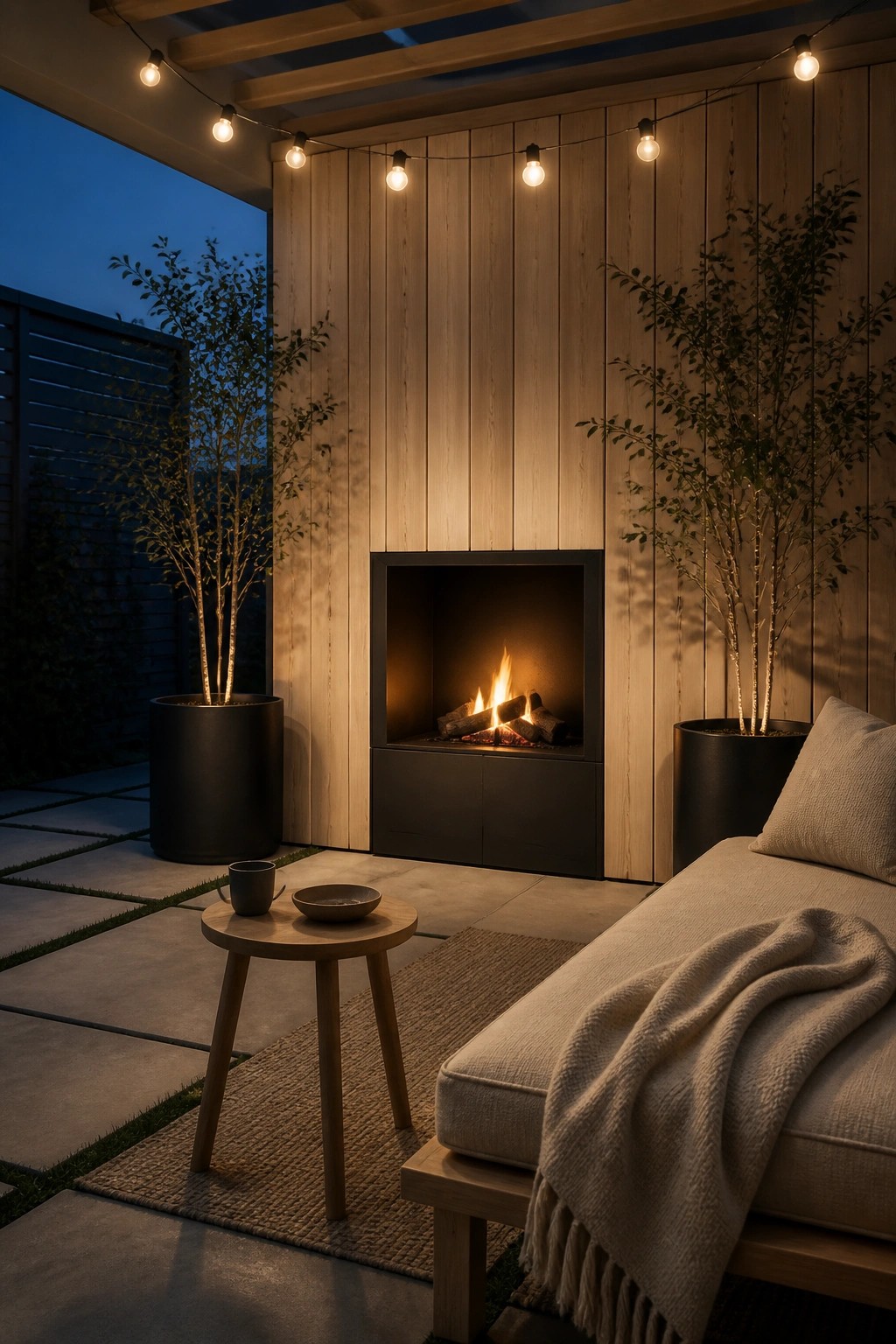An outdoor patio at dusk with a built-in fireplace set into a wooden wall, two potted trees, string lights overhead, and a cushioned bench with a throw blanket.