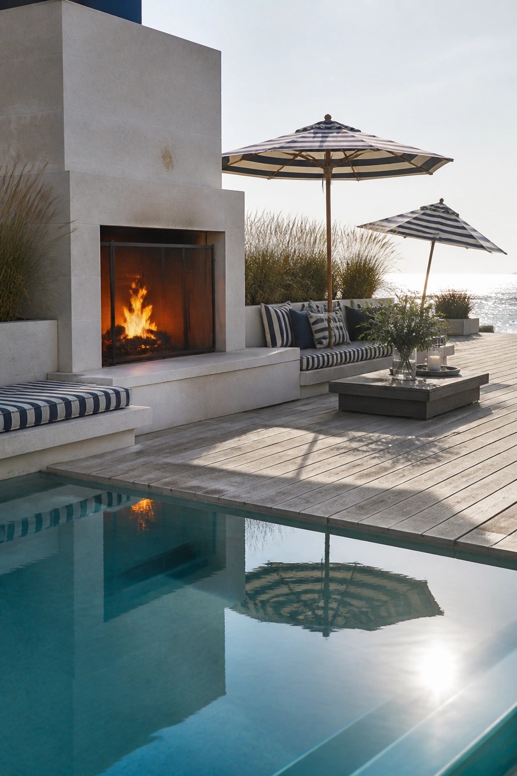 An outdoor patio with a built-in fireplace in a concrete wall, striped cushions on a bench, wooden deck, umbrellas, and a pool in the foreground.
