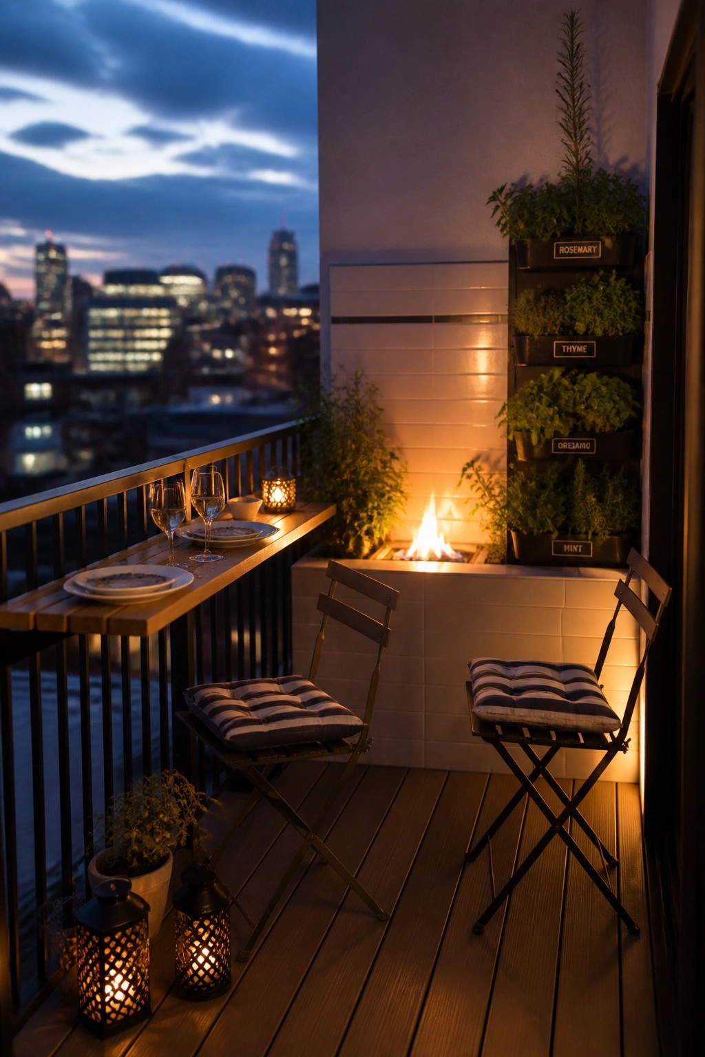 A small wooden balcony at dusk shows a built-in fireplace with white tile surround, two folding chairs with striped cushions, a narrow ledge table set with wine glasses and plates, herb planters on the wall, and lanterns on the floor overlooking a city skyline.