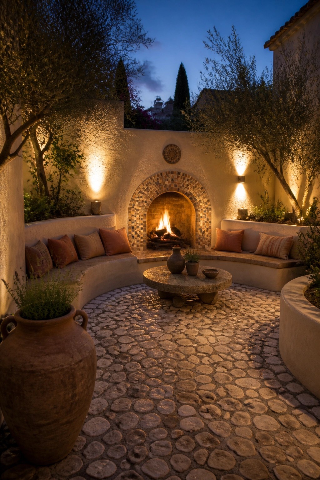A curved stucco bench with cushions wraps around a tiled outdoor fireplace on a cobblestone patio at dusk, with trees and potted plants nearby.