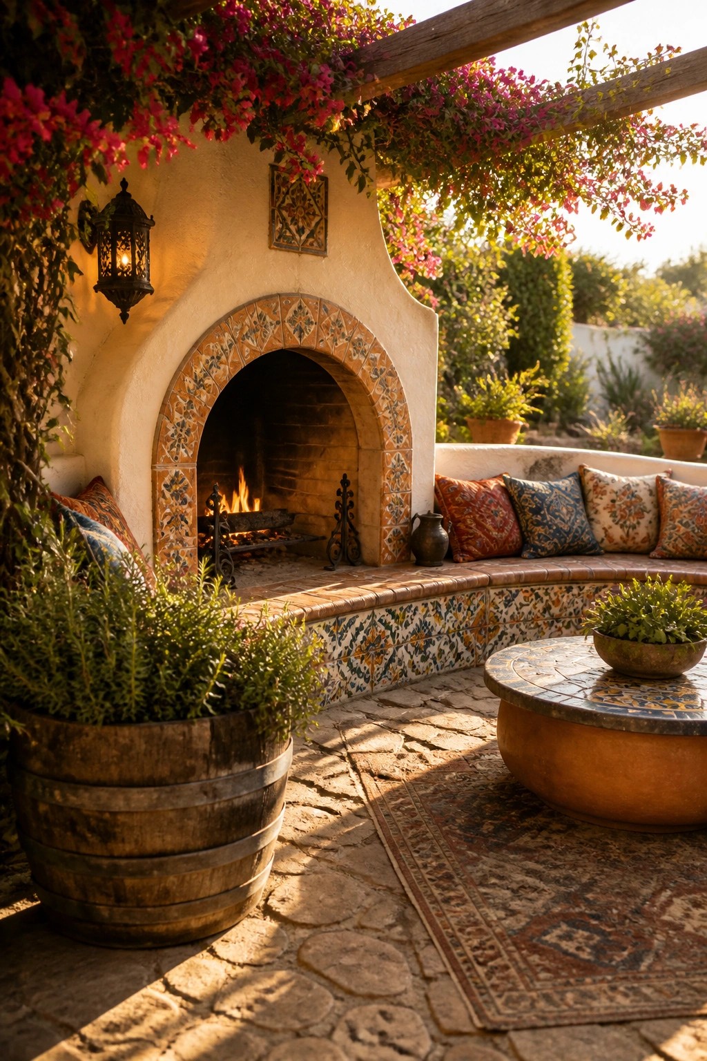 An outdoor stucco fireplace with colorful tile surround, curved built-in bench seating with pillows, potted plants, and a tiled table on a stone patio.