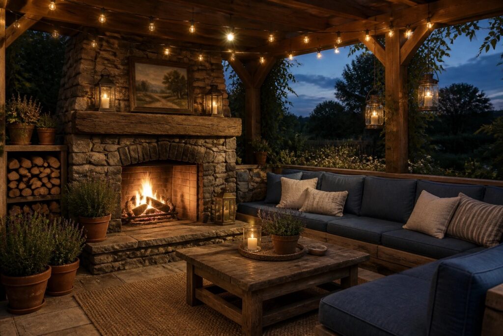 A stone fireplace with a lit fire under a wooden pergola on a patio with blue outdoor sofa, wooden coffee table, string lights, and potted plants.