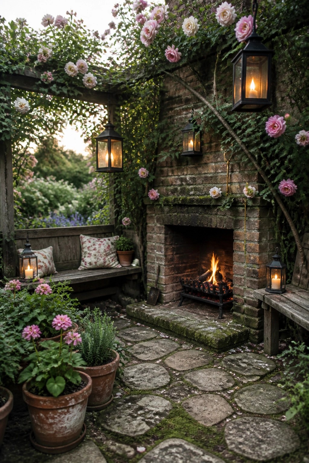 A brick fireplace with a lit fire on a mossy stone patio, flanked by wooden benches, hanging lanterns, and climbing pink roses on a vine-covered wall.