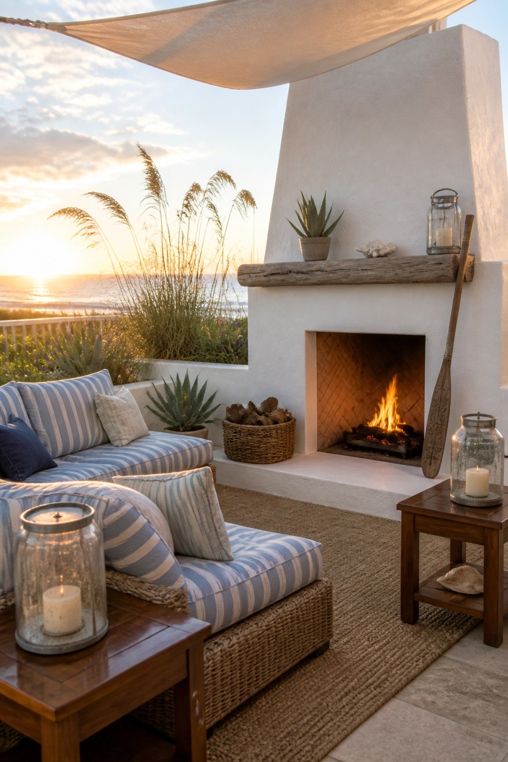 Outdoor patio featuring a white stucco fireplace with a lit fire, woven seating with blue striped cushions, wooden side tables, and a coastal view at sunset.