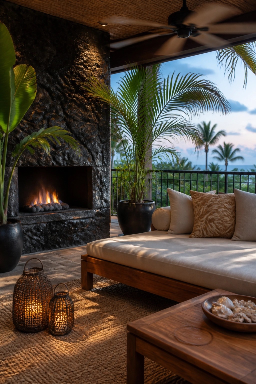 An outdoor patio with a tall stone fireplace beside a wooden daybed with cushions, two woven lanterns on a rug, and potted tropical plants.