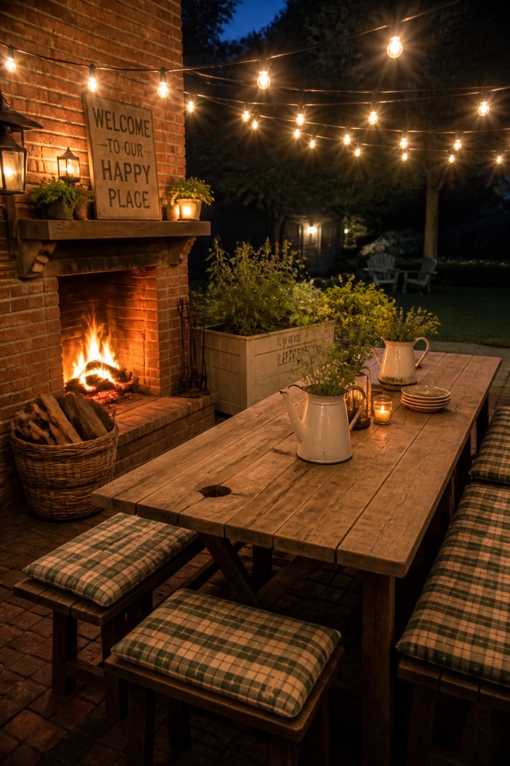 A brick outdoor fireplace beside a wooden dining table and benches on a patio, with string lights overhead and a welcome sign on the mantel.