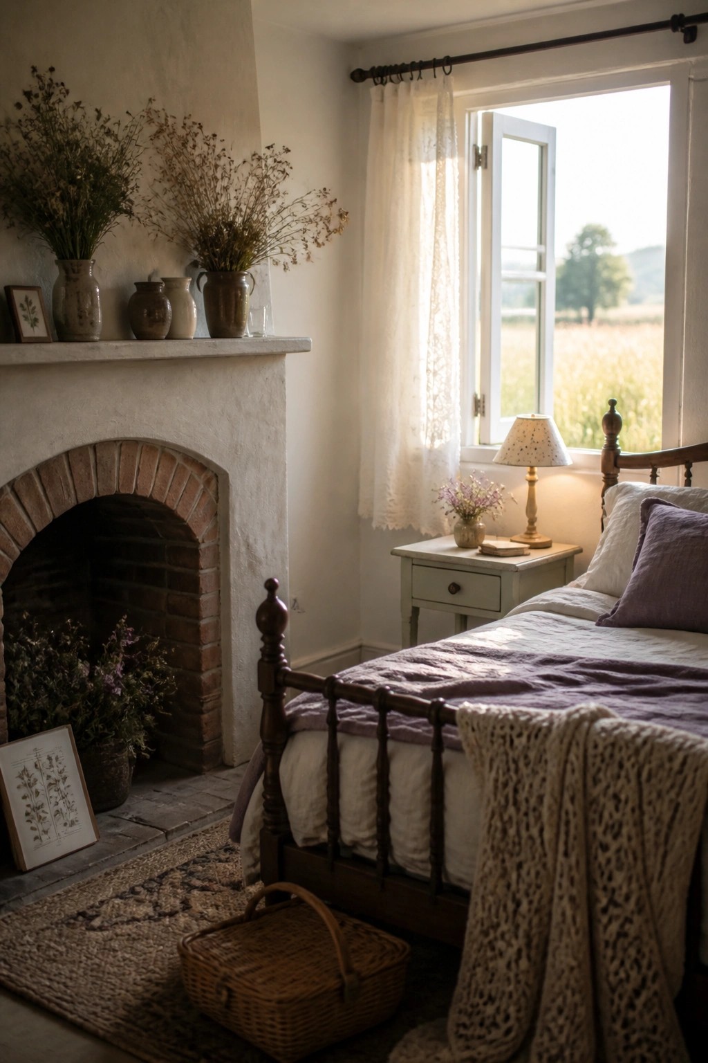 A bedroom interior showing a brick fireplace with vases on the mantel, a wooden bed with white and purple bedding, and a window with sheer curtains.