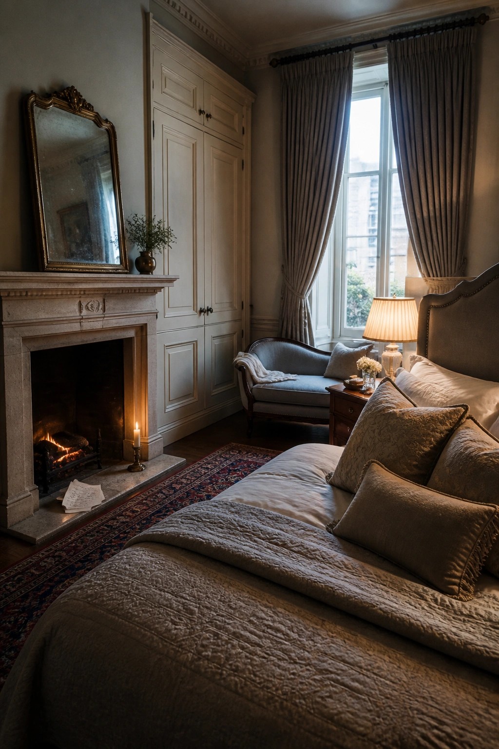 A bedroom interior with a lit fireplace on the left, a large bed with neutral bedding in the foreground, and a window with curtains on the right.