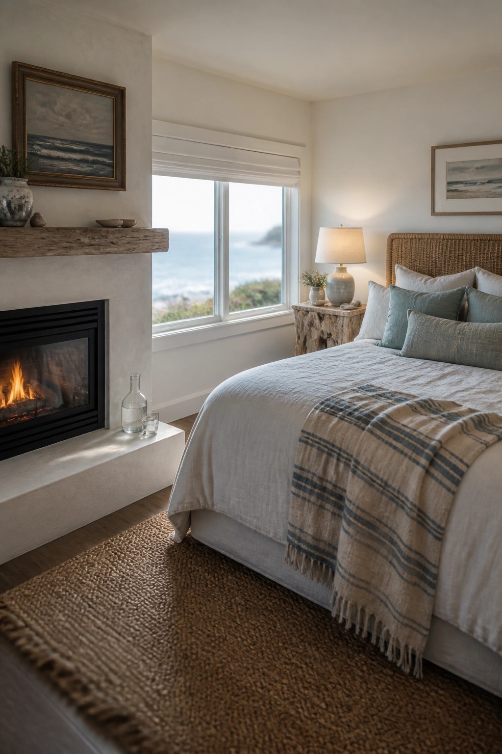A bedroom interior showing a black fireplace with a white plaster hearth ledge holding a glass carafe, next to a bed with white and blue bedding and a window with an ocean view.