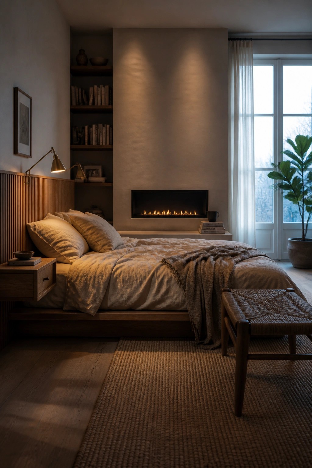 A bedroom featuring a bed with beige linens positioned across from a recessed fireplace in a plain wall, with a woven rug and wooden nightstand visible.