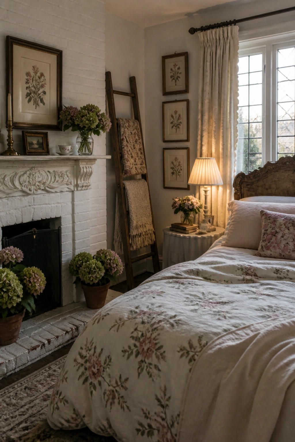 A bedroom interior featuring a white brick fireplace with floral arrangements on the hearth and mantel, a wooden ladder with blankets, and a bed with matching floral linens.