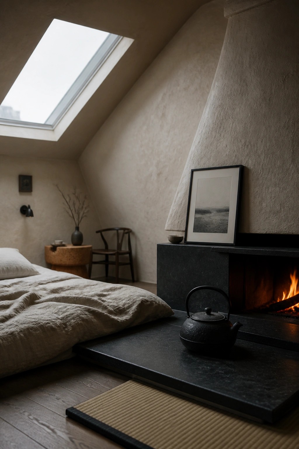 Minimalist attic bedroom with skylight, bed, burning fireplace, and cast iron teapot
