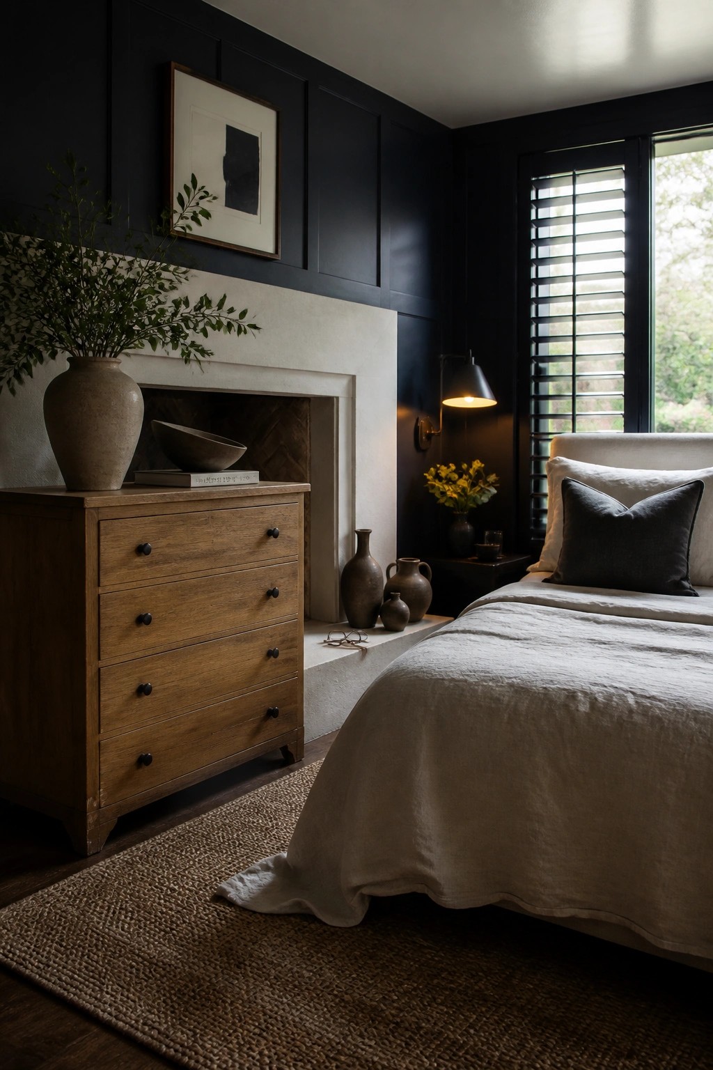 A bedroom with a dark paneled wall, a fireplace with a low white hearth next to a wooden dresser, and a bed with white linens and dark pillows.