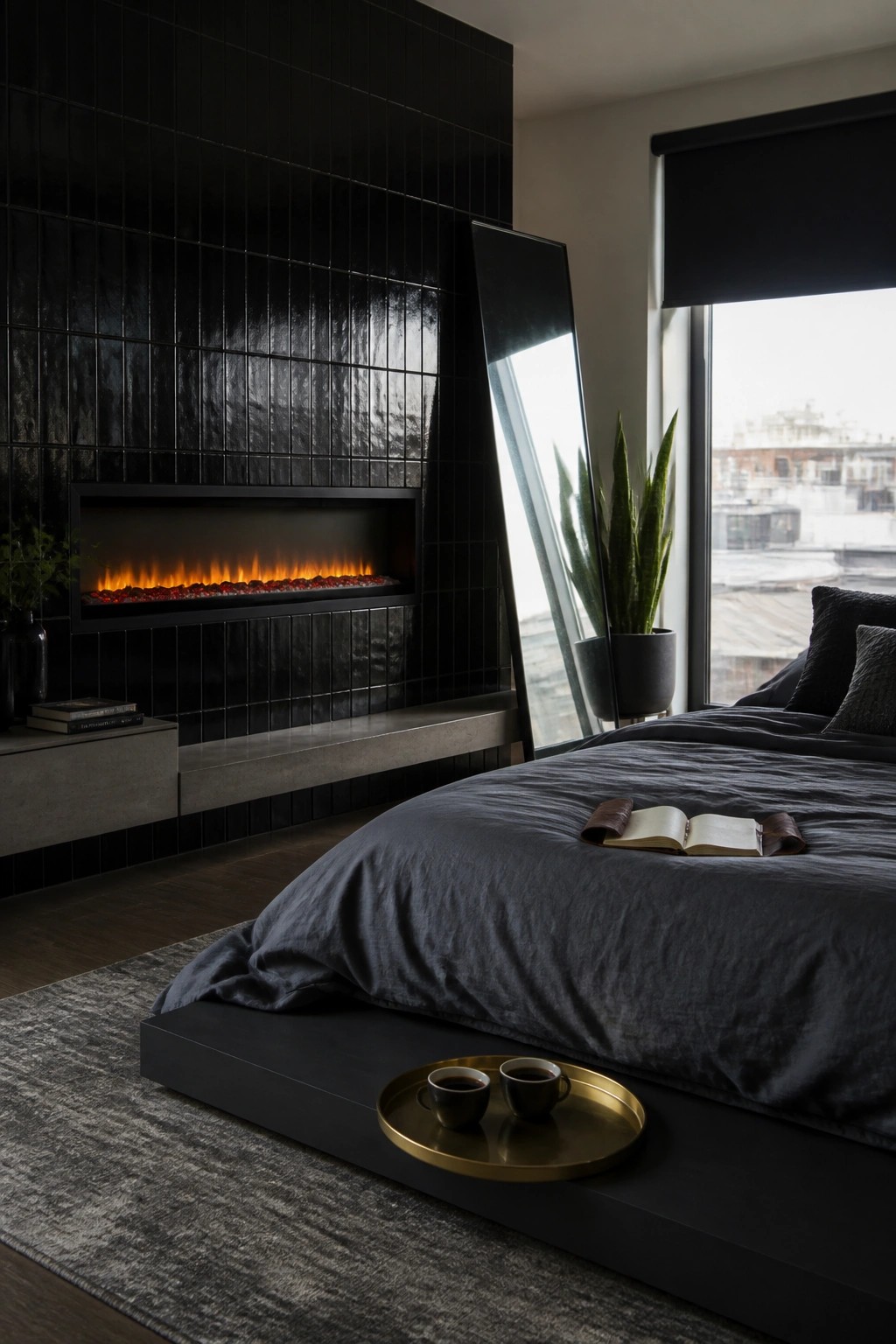 A bedroom with a linear fireplace set into a wall of black glossy tiles next to a bed with dark bedding.