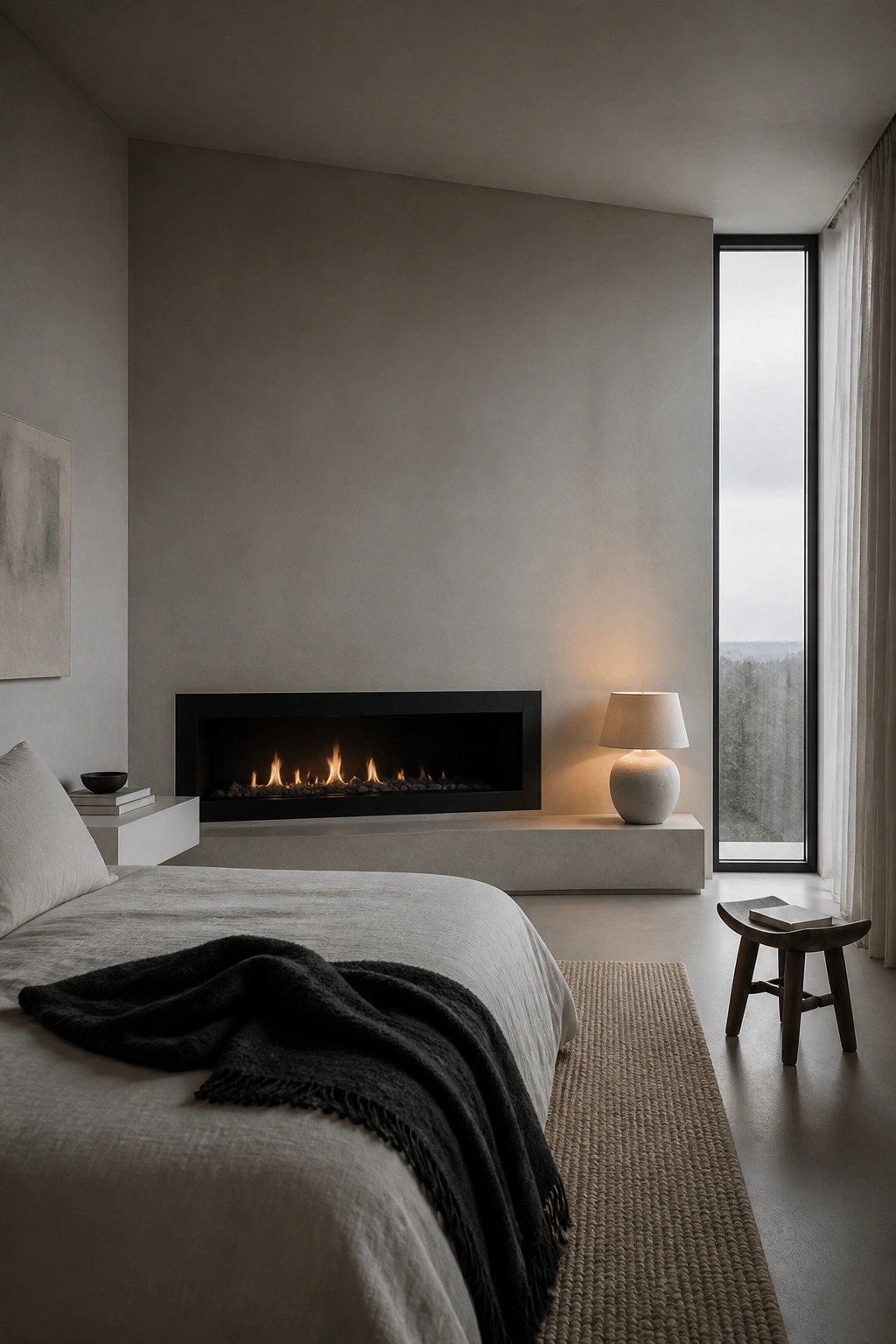 A bedroom with a linear fireplace recessed into a plain wall above a low concrete hearth, a bed with white bedding and a dark throw, and a tall window to the right.