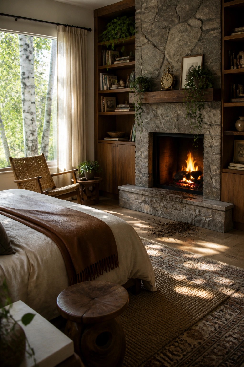 A bedroom interior showing a stone fireplace with wooden built-in bookshelves on both sides, a bed with a brown throw, a woven chair, and a patterned rug on the floor.