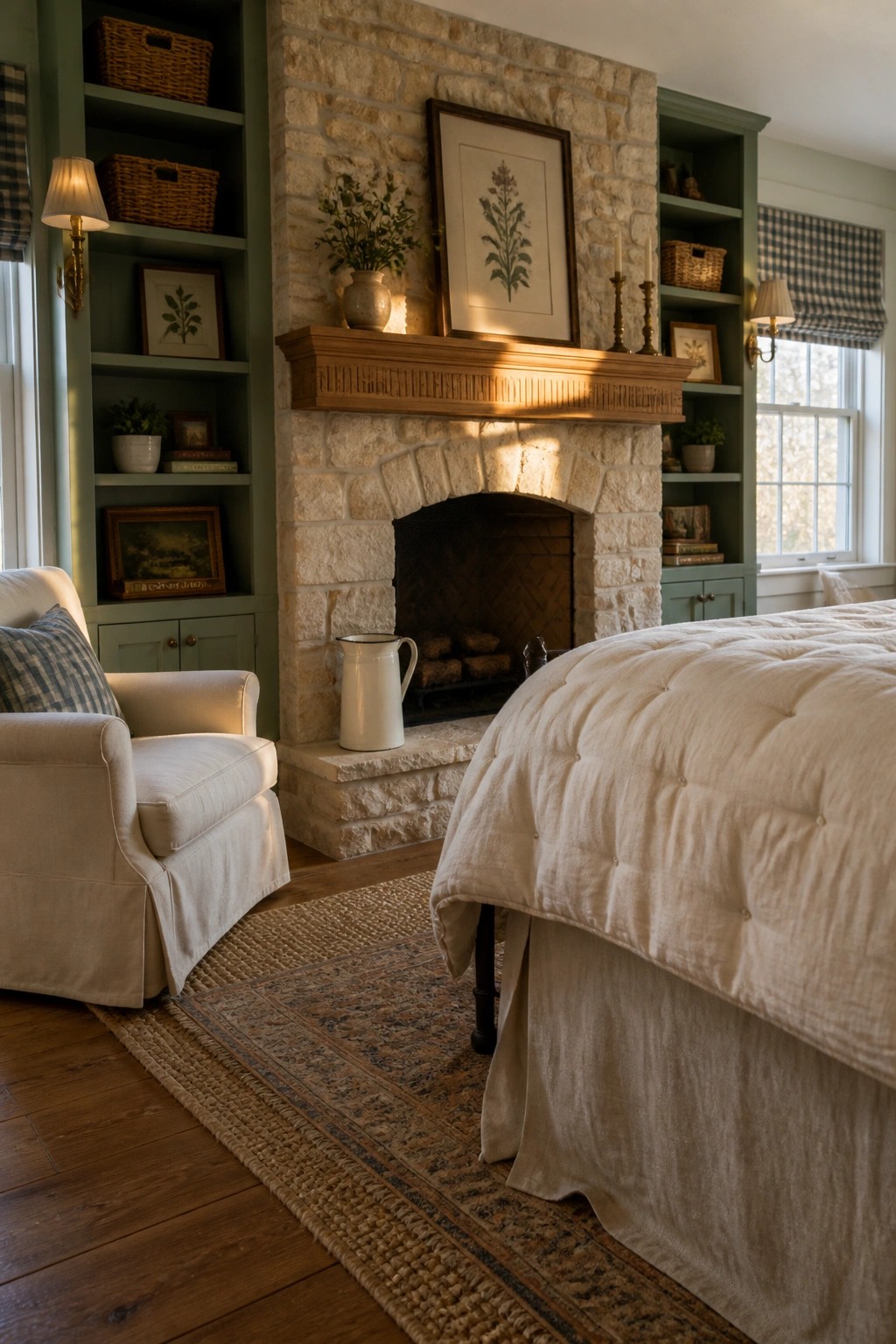A bedroom with a large stone fireplace flanked by green built-in shelves filled with baskets, books, and framed art, next to a white slipcovered armchair and a bed with a tufted comforter.