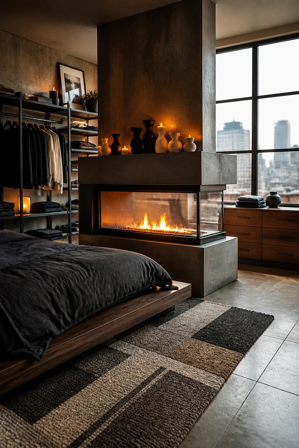 A modern bedroom with a large concrete fireplace structure containing a glass-fronted firebox, a low wooden bed with dark linens, and a striped rug on the floor.