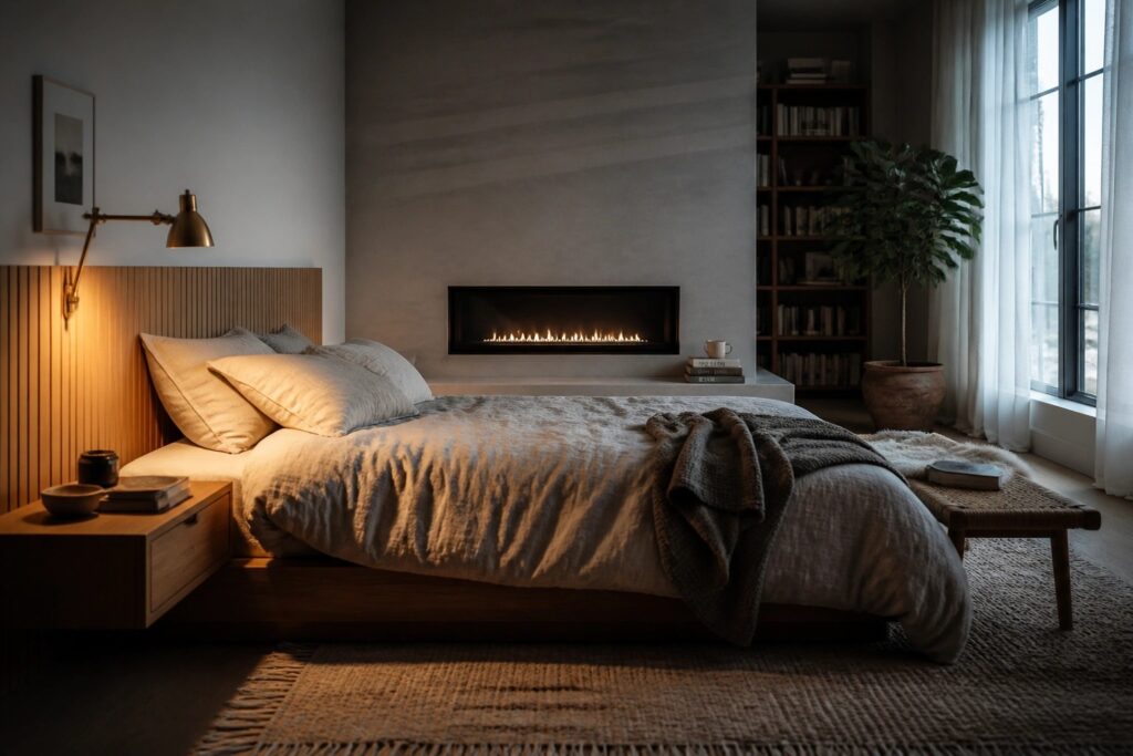 20 Serene Bedroom Fireplace Ideas for a Quiet Wind-Down Corner A bedroom featuring a bed with beige linens positioned across from a recessed fireplace in a plain wall, with a woven rug and wooden nightstand visible.