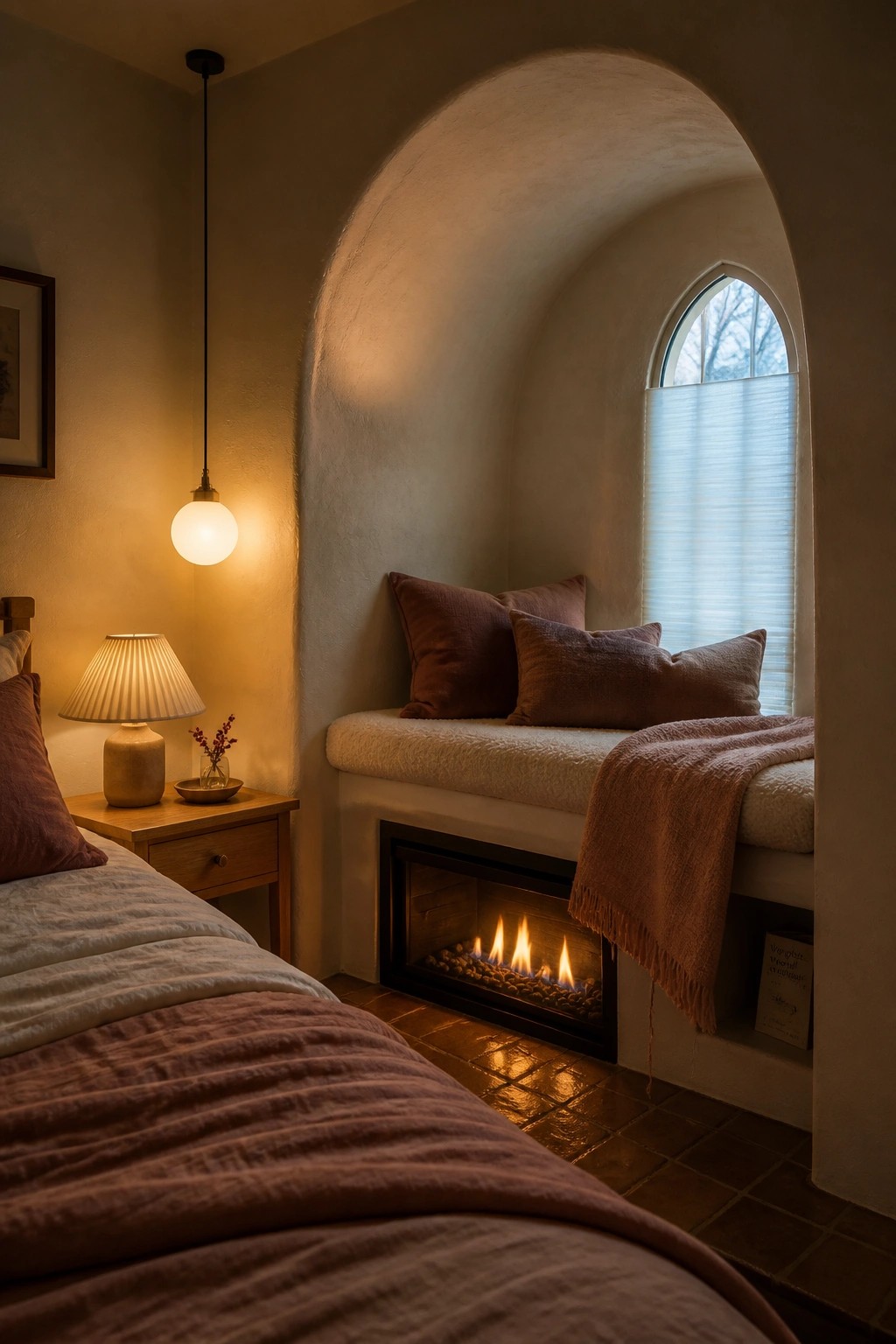 A bedroom corner featuring a gas fireplace installed beneath a cushioned window seat inside an arched alcove.