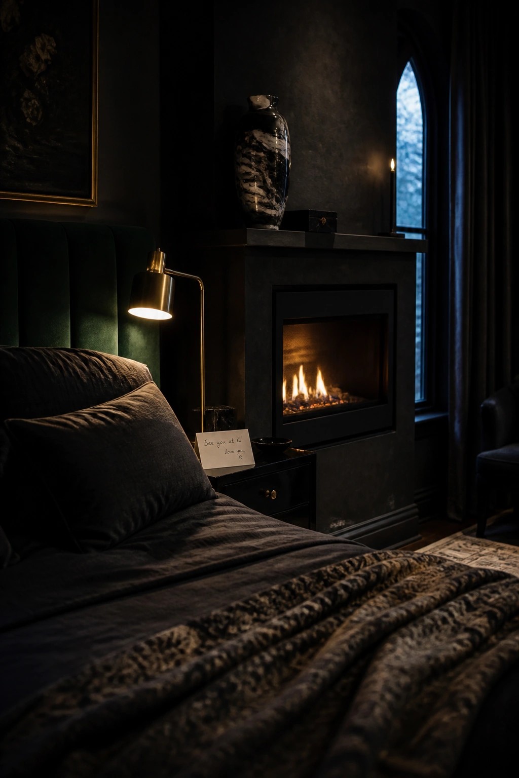 A bedroom with a dark upholstered bed facing a lit fireplace set into a dark wall, with a brass lamp on the nightstand.