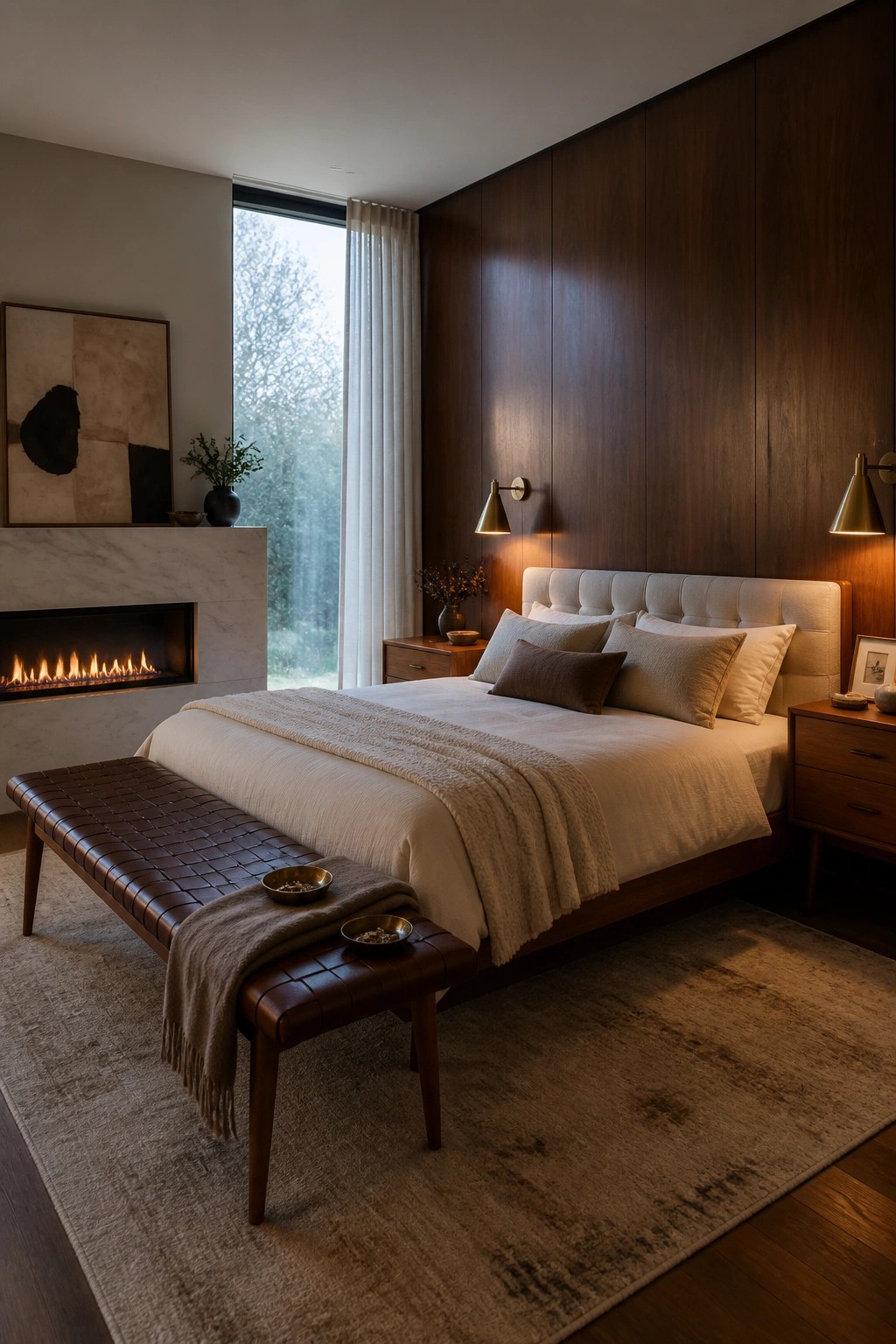 A modern bedroom featuring a lit gas fireplace set into a white marble surround on the left wall, a large bed with beige bedding against dark wood paneling, and a brown leather bench at the foot of the bed.