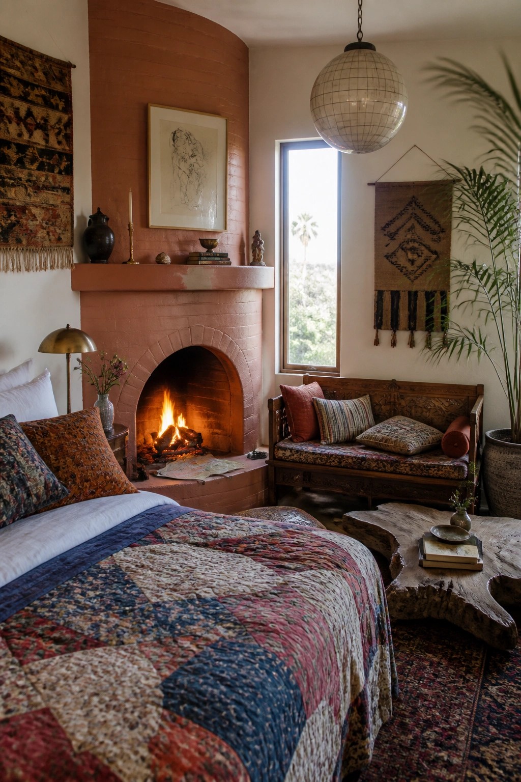 A bedroom with a bed covered in a patchwork quilt facing a terracotta arched fireplace with a fire burning, a wooden bench to the right, and a large window.