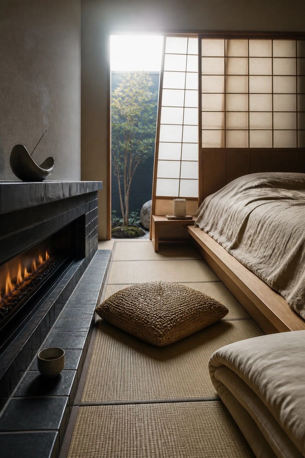 A bedroom interior with a low linear fireplace on a stone hearth, tatami mat flooring, a woven cushion on the floor, and a wooden bed platform beside shoji screens.